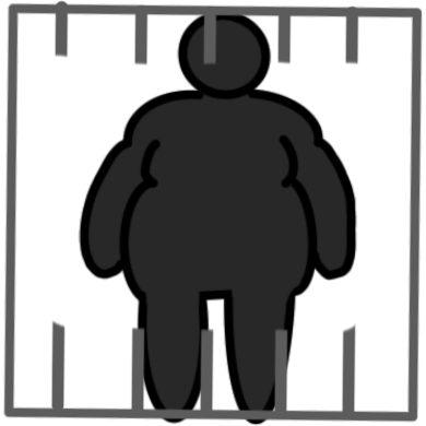 A fat person inside of a jail cell but the middle of all the bars is missing so the person isn’t trapped in the cell.